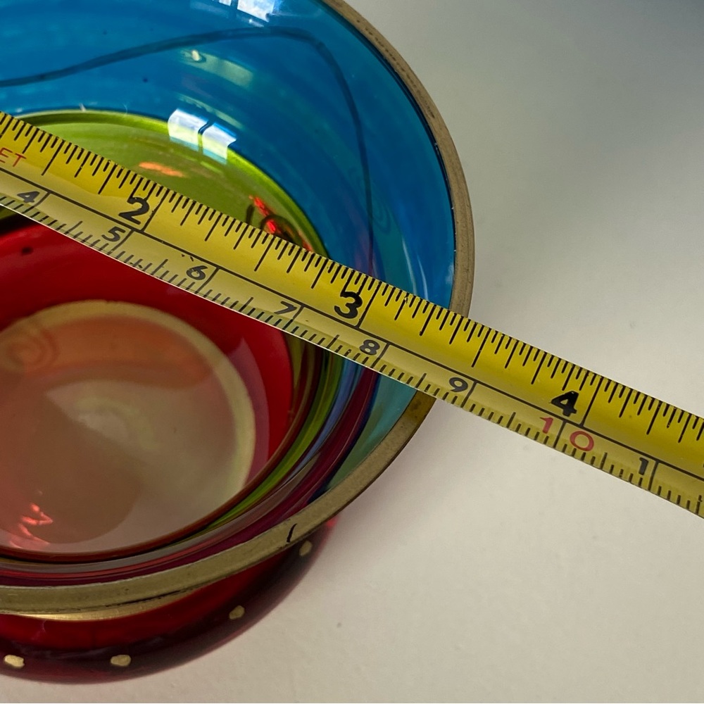 PIER 1 Candle Votive Holder Glass Vintage Red Blue Green Gold Trim Cup Vase Boho - Picture 8 of 16